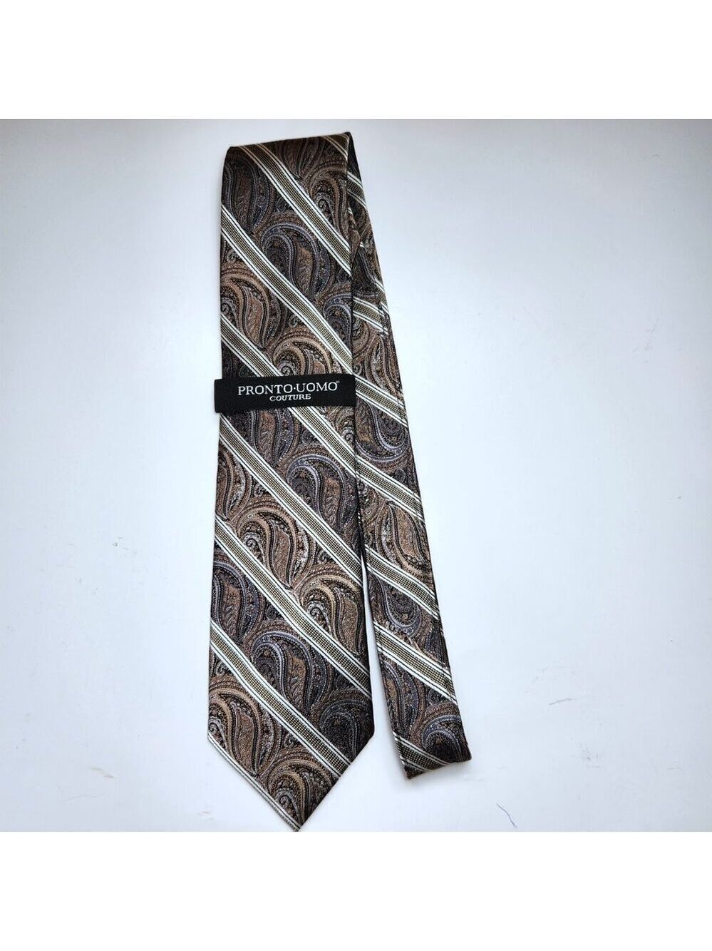 Pronto Uomo Couture Paisley Necktie Men's Silver & Gold 100% Silk Tie New